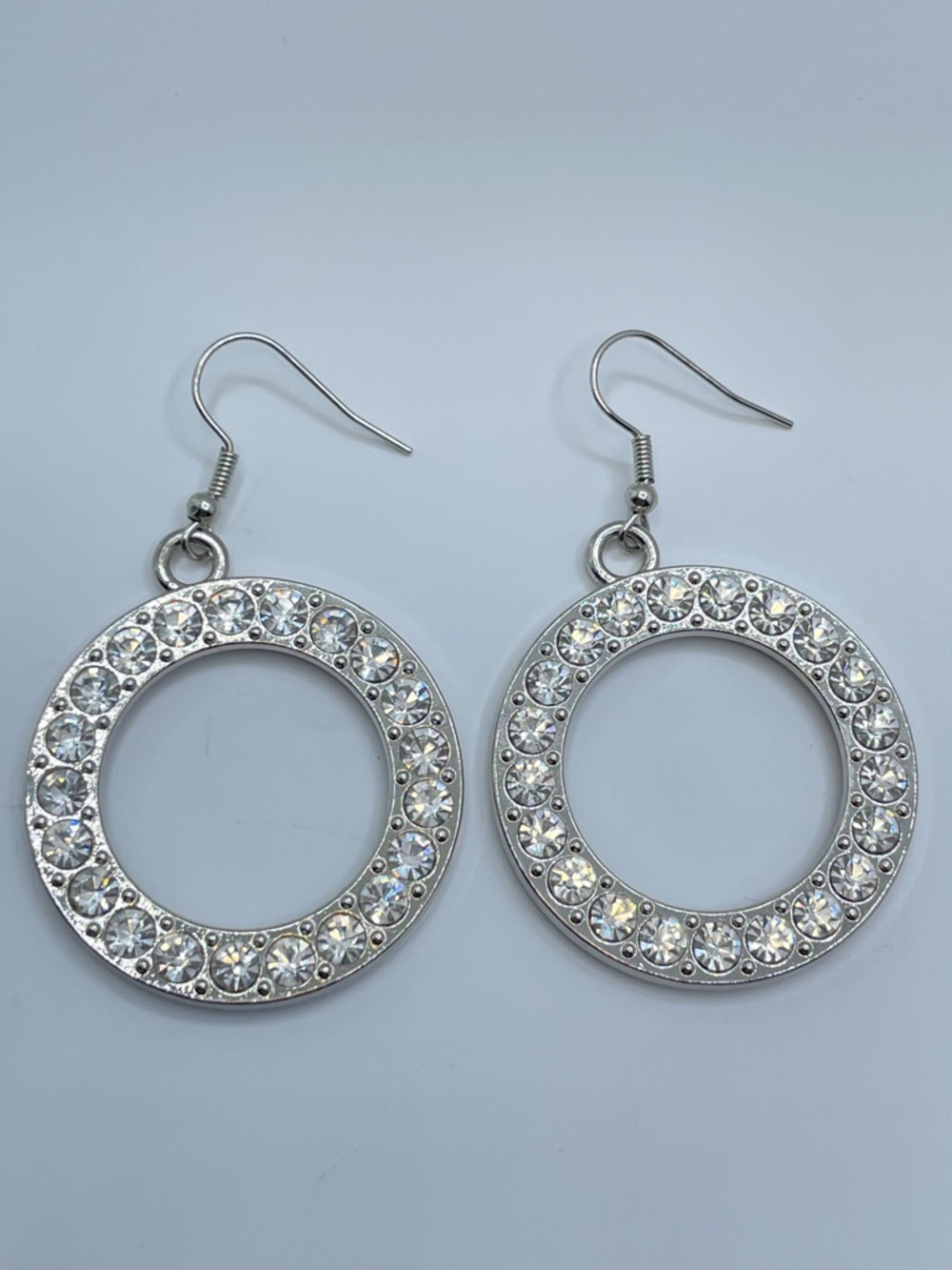 Silver Tone Crystal Hoop Dangle Earrings Rhinestone Circle Statement